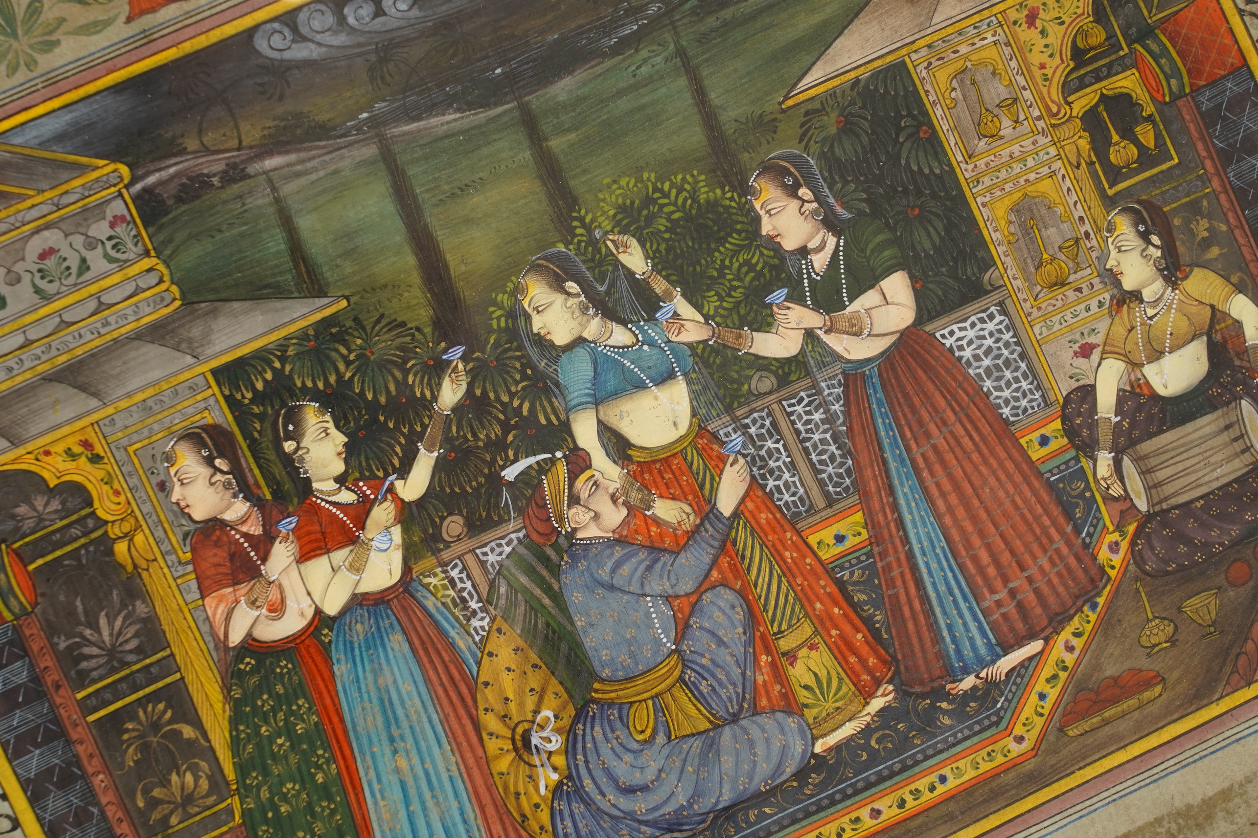 Indo-Persian school , (19th century), Mughal court scenes, Two gouache miniature paintings, Inscribed picture 18cm x 26.5cm, the second including borders 16.5cm x 26.5 cm